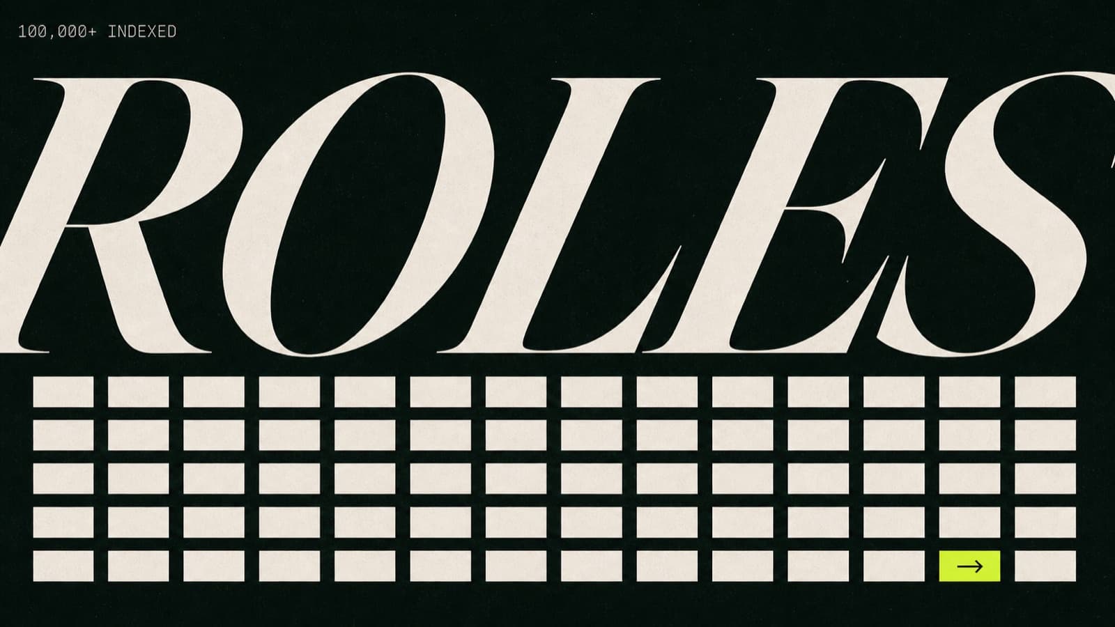LandingRoles editorial cover: 100,000+ INDEXED in mono with the word ROLES in oversized serif and a typographic pixel grid below.