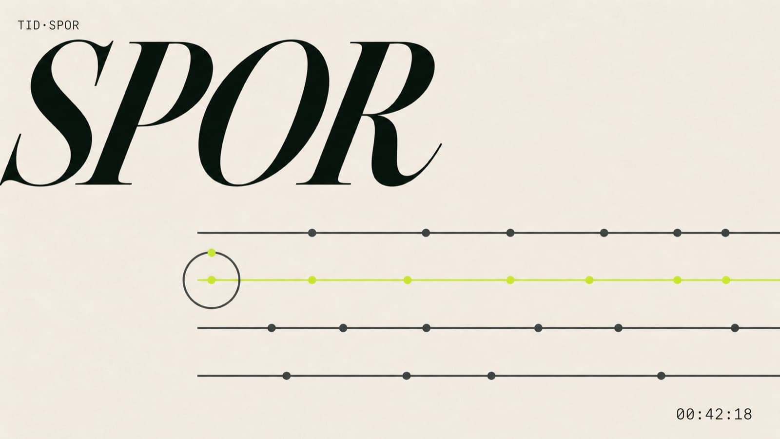 Tidspor editorial cover: SPOR in oversized serif on bone with TID·SPOR mono lockup, four parallel tracked timelines below with one acid-highlighted active branch and a 00:42:18 mono timer in the corner.